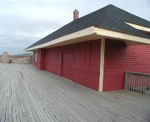 South west corner of the Inverness Railway Station showing the front elevation, Inverness Railway Station, Inverness, Nova Scotia, 2002.
; Inverness County Heritage Advisory Committe, 2002.