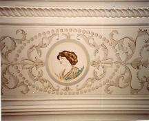 Interior view of Castle Kilbride, showing an early 20th-century arabesque painted within a real plaster border, 1993.; Parks Canada Agency / Agence Parcs Canada, J. Hucker, 1993.