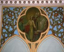 Vue en détail des motifs décoratifs de la nef de l'église anglicane St. Jude.; Parks Canada Agency/ Agence Parcs Canada.