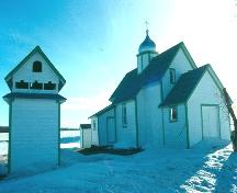 view of St. Michael's Ukrainian Catholic Church with detached belfry, 1993; Government of Saskatchewan, Frank Korvemaker, 1993