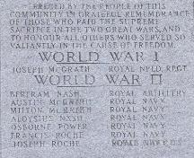 Photo view of the inscription in the War Memorial, Branch, NL, 2008; Andrea O'Brien, HFNL, 2008