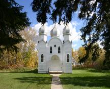Primary elevation, from the west, of the Ukrainian Greek Orthodox Church of the Ascension, Angusville, 2007; Historic Resources Branch, Manitoba Culture, Heritage, Tourism and Sport, 2007