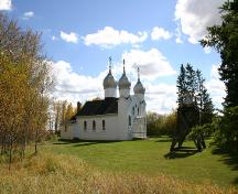 Contextual view, from the northwest, of the Ukrainian Greek Orthodox Church of the Ascension, Angusville, 2007; Historic Resources Branch, Manitoba Culture, Heritage, Tourism and Sport, 2007