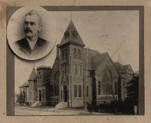 A circa 1896 photo of Zion Baptist Church, Yarmouth, NS, with an inset photo of Rev. J. H. Foshay, its first pastor.; Courtesy of the Yarmouth County Museum and Archives