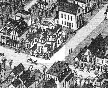 Cette partie d'une carte de Moncton de 1881 montre la résidence de H. T. Stevens à son emplacement d'origine au coin des rues Main et Botsford; Moncton Museum