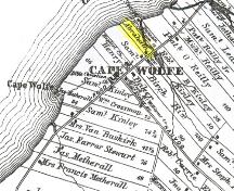 Yellow area indicates location of burial plot; Meacham&#039;s Illustrated Historical Atlas of PEI, 1880