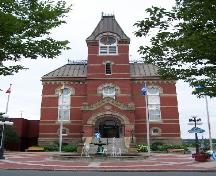 Fredericton City Hall, front view showing clock tower and fountain; City of Fredericton