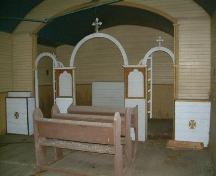 Interior view of Ukrainian Catholic Parish of Holy Eucharist (Kulikiw), featuring altar, 2008.; Winkel, 2008.