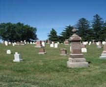 Of note is the row of white spruce trees on the eastern boundary of the cemetery.; Kendra Green, 2007.