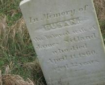 View of the headstone of Susan Sitland, daughter of the first known settlers to Burnt Islands, Church of England Cemetery, Burnt Islands, NL. Photo taken 2009. ; Bernadette Taylor 2009