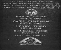 View of inscription commemorating parish members who died in World War II.  Photo taken 2009. ; Doug Wells 2009