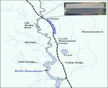 Carte illustrant l'emplacement du pont sur la rivière Memramcook; Memramcook Valley Historical Society