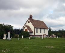 Primary elevations, from the southwest, of St. Helen's Anglican Church, Fairford, 2007; Historic Resources Branch, Manitoba Culture, Heritage and Tourism, 2007