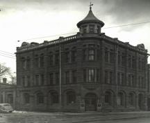 Formerly a branch of the Merchants' Bank of Halifax, the Royal Bank Building was oriented with its entrance at the corner of Main and Alma to ensure maximum business from foot traffic.; Moncton Museum