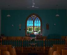 Interior, altar and stained glass window, Stormont Union Church, Stormont, NS; Heritage Division, NS Dept. of Tourism, Culture and Heritage, 2009
