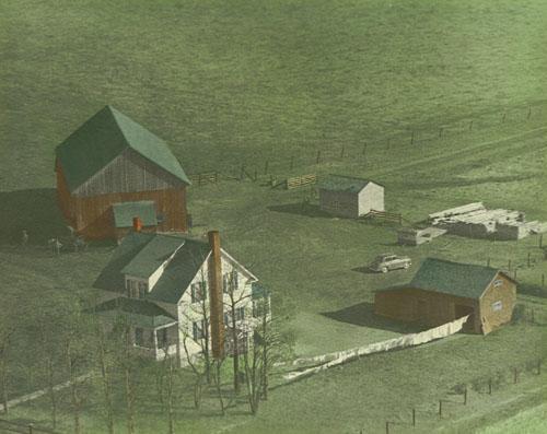 Colourized aerial photograph of the farm