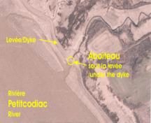 Photo aérienne démontrant un ruisseau se déversant dans la rivière Petitcodiac par l'entremise d'un aboiteau, dans la région de Gautreau Village et Pré-d'en-Haut; Google Maps and the Memramcook Valley Historical Society