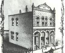 L’édifice de la Banque de Montréal d’origine vu dans un dessin d’un artiste sur une carte de Moncton de 1881. Envers 1883, la structure est agrandie à l’ouest et devient deux fois plus grand. ; Moncton Museum