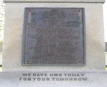 The World War One commemorative plaque on the Lockeport Cenotaph, Town of Lockeport, NS.; NS Dept. of Tourism, Culture & Heritage, 2009