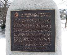 Old Chicoutimi Pulp Mill National Historic Site of Canada, showing the plaque text situated on site.; Parks Canada Agency/Agence Parcs Canada