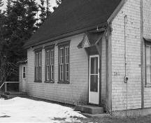 Side elevation and entrance, Cape Negro Hall, Cape Negro, N.S.; Heritage Division, NS Dept. of Tourism, Culture and Heritage, 2010
