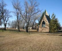 Contextual view, from the east, of the Old English Church, Hartney, 2009; Historic Resources Branch, Manitoba Culture, Heritage and Tourism, 2009