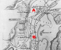 Part of the "Richibucto River" map by H. W. Bayfield, 1839. The north (A) and south (B) Ballast Heaps are indictated.; H. W. Bayfield, original map conserved in the New Brunswick Provincial Archives
