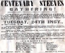 An invitation to all Steeves to a party celebrating the centennial of the arrival of the Steeves family. It was held on the lawns of the Christian Steeves House on September 24, 1867.; Village of Hillsborough, from William Henry Steeves House archives