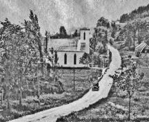 La route 114 qui descend à l'avant de l'église baptiste de la vallée; Village of Hillsborough, William Henry Steeves House Museum archives