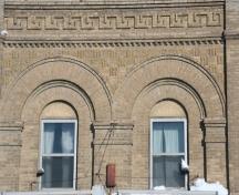 Brick detail work on Hill's Drug Store, Portage la Prairie, 2009; Historic Resources Branch, Manitoba Culture, Heritage and Tourism, 2009