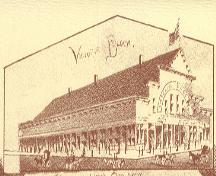 Un croquis dessiné par un artiste sur une carte de Moncton datant de 1888 montre le plan et la grandeur de la structure originale de la piste de patinage à roulettes. ; Moncton Museum