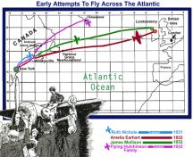Cette carte démontre les trajets des quatres aviateurs qui ont utilisé l'aéroport de Millidgeville dans leurs attentats de traverser l'océan Atlantique en 1931-1932.; Harold E. Wright - Aviation file, Heritage Resources, Saint John