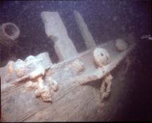 Underwater image of the Hamilton and Scourge showing the side of the hull, 1982.; National Geographic, 82-1874, 1982.