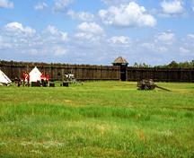 General view of the Fort Battleford National Historic Site of Canada walls showing one of the viewscapes of the site, 2002.; Parks Canada Agency / Agence Parcs Canada, B. Muir, 2002.
