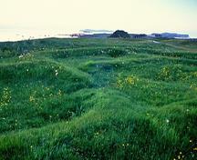 General view of the remains of Norse building at L'Anse aux Meadows emphasizing the layout of the site as three grouped complexes of eight separate building remains, associated structures and middens, 2003.; Parks Canada Agency / Agence Parcs Canada, D. Wilson, 2003.