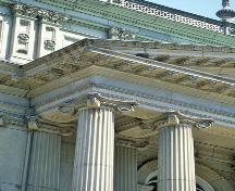 Detail view of Osgoode Hall showing distinctive features of its architecture, 1993.; Parks Canada Agency / Agence Parcs Canada, J Butterill, 1993.