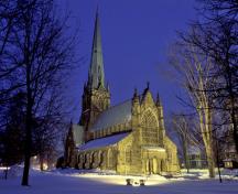 General view of Christ Church Cathedral, showing its integrated Gothic Revival style.; Parks Canada Agency / Agence Parcs Canada.