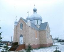 Exterior frontal view of the Ukrainian Greek Catholic Church of St. George, 1985.; Government of Saskatchewan, G. Pugh, 1985.