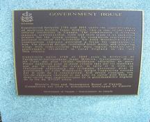 General view of the plaque for Government House, showing its use as an official residence for the lieutenant-governor of Nova Scotia, 2010.; Government House, Jimmy Emerson, 2010.