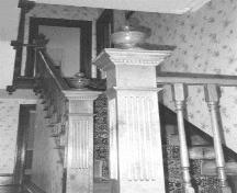 Black and white photo of the interior staircase, O'Reilly House, Placentia.  Photo taken 1999.; HFNL/ 2006