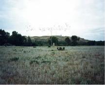 View of the 1946 Fort Whoop-Up cairn, placed by the Lethbridge Chamber
of Commerce at the location of the archaeological remains of Fort Whoop-Up.; Trudy Cowan, Parks Canada, 1989.