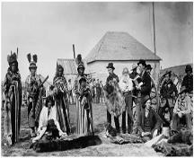 Misto-ha-a-Musqua (Big Bear), pictured in the centre, trading at Fort Pitt; Library and Archives Canada / Bibliothèque et archives du Canada