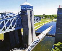 Detail view of the Peterborough Lift Lock National Historic Site of Canada, showing a tower and railings, 2012.; Parks Canada Agency / Agence Parcs Canada, 2012.
