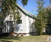 View of the primary and secondary facades of the Masonic Hall, Moosehorn, 2011.

; Historic Resources Branch, Manitoba Culture, Heritage and Tourism, 2011
