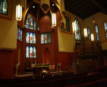 Interior view showing some of the stained glass windows.; Town of Grand Bay-Westfield
