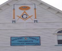 Detail view of the front facade of Twillingate Masonic Temple, Twillingate, NL. Photo taken in 2005.; © HFNL 2008