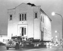 Moving the Masonic Hall from Lougheed Highway to 116th Avenue, 1980.; Maple Ridge Museum and Archives, P02063