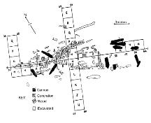Drawing of the wreck of the HMS Saphire showing the grid on which it lies, various cannon and timbers, the general outlay of the wreck as it was excavated in 1977.; HFNL 2005