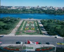 View of the formal promanade which stretches from the front entryway of the Legislative Building to Wascana Lake; Government of Saskatchewan, Wayne Zelmer, 1991