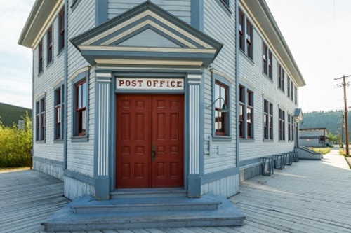 Close-up of the post office entrance